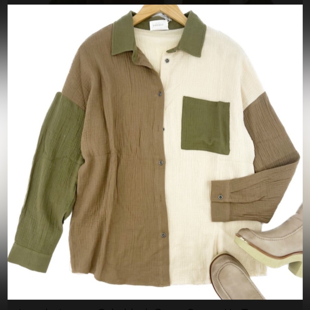 NWT 3XL Gauze Button-Up Colorblock Top in Mocha/Olive By Andree